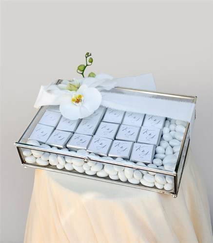 Personalized White Silver Engagement and Wedding Chocolates in a Glass Box