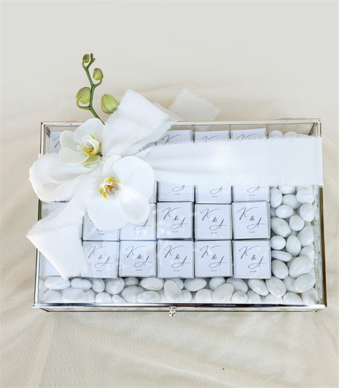Personalized White Silver Engagement and Wedding Chocolates in a Glass Box