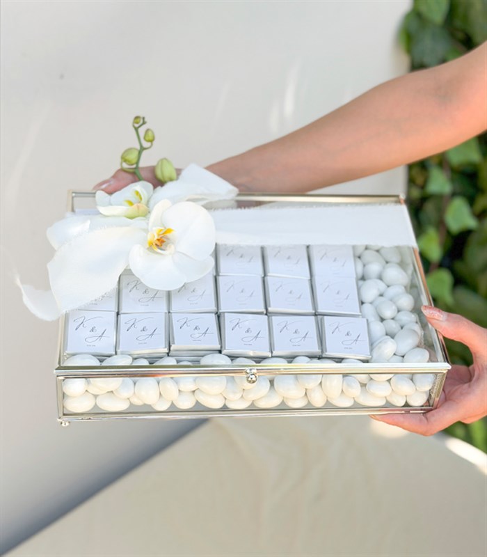 Personalized White Silver Engagement and Wedding Chocolates in a Glass Box