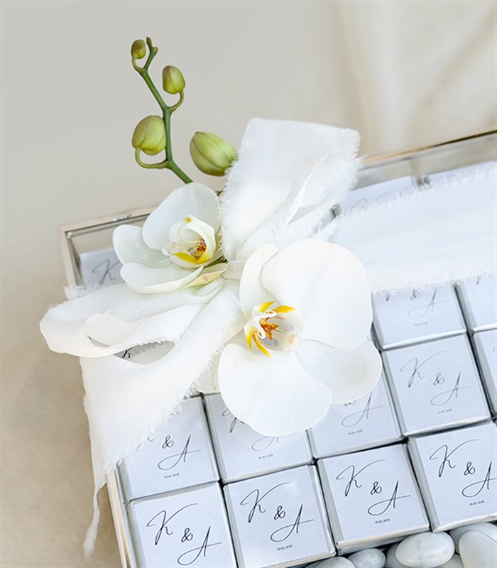 Personalized White Silver Engagement and Wedding Chocolates in a Glass Box