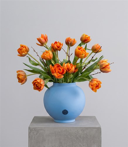 Orange Tulips in Blue Porcelain Vase