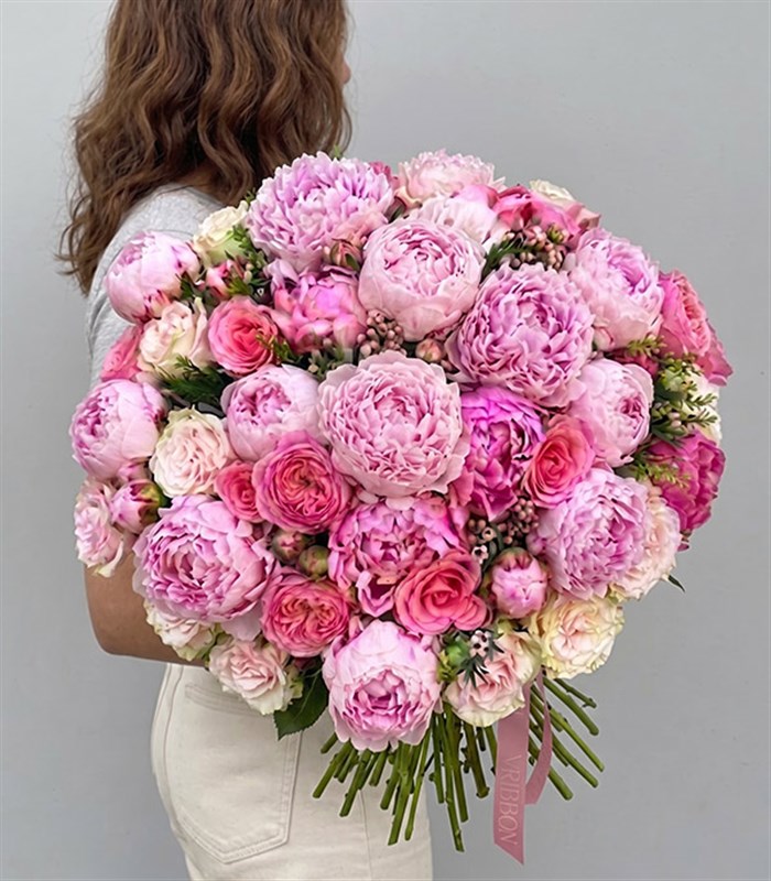 Royal Deluxe Pink Coral 25 Peonies 25 Roses Bouquet
