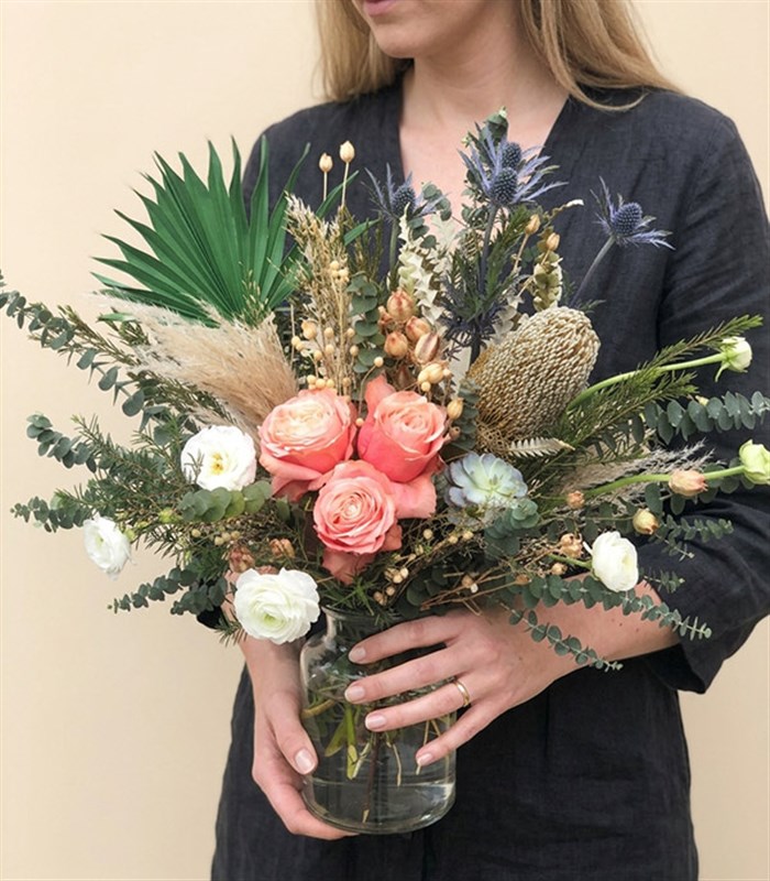 Amazon Natural Banksia Salmon Rose Vase Arrangement