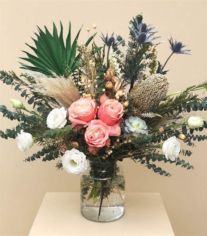 Amazon Natural Banksia Salmon Rose Vase Arrangement
