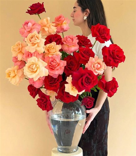 Together Deluxe Ceramic Burgundy Vase with Pink and Red Roses Arrangement
