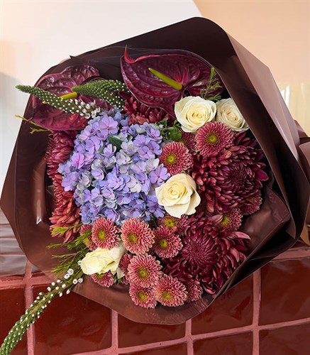 Backyard Burgundy Anastasia Hydrangea Rose Autumn Bouquet