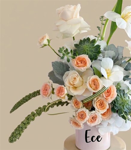 Personalized White Salmon Rose Vase Arrangement with Name