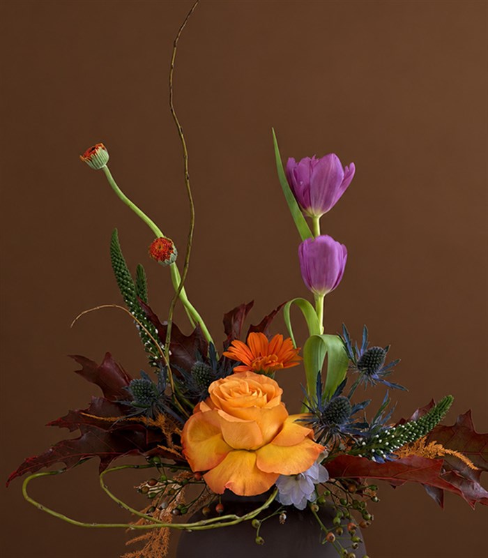 Wicked Halloween Rose and Purple Tulip Arrangement
