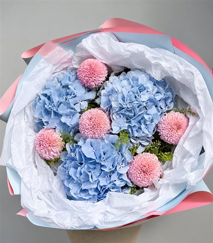 Printemps Mavi Ortanca Pembe Çiçek Buketi