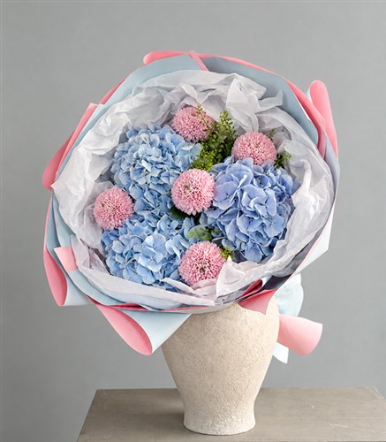 Printemps Mavi Ortanca Pembe Çiçek Buketi