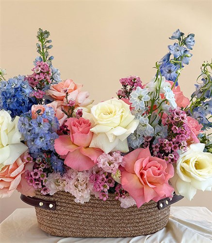 Seraphine Pink and White Roses Blue Delphinium Basket Arrangement