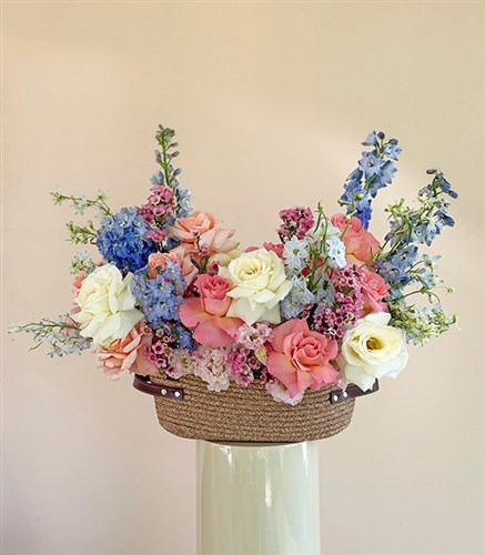 Seraphine Pink and White Roses Blue Delphinium Basket Arrangement
