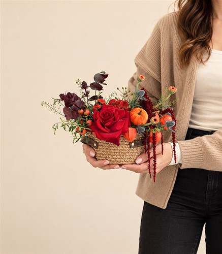 Golden Harvest Red Rose Pumpkin Mini Basket Autumn Arrangement