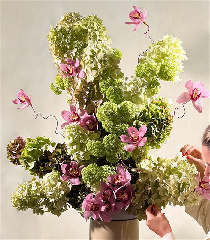 Viridia Yeşil Ortanca Cymbidium Orkide Heykel Aranjman