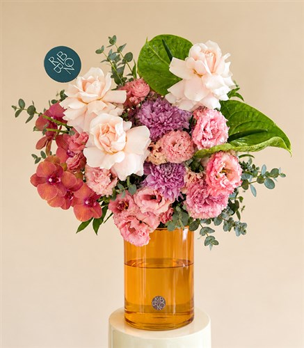 Fairy Wing Glass Vase with Pink Roses and Anthurium Spring Flowers