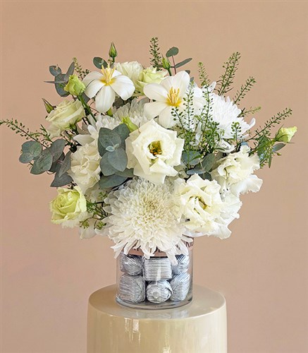 Fusion White Roses Anastasia Chocolate Vase Arrangement