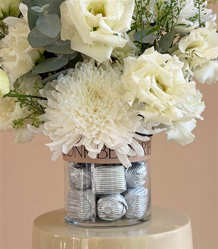 Fusion White Roses Anastasia Chocolate Vase Arrangement
