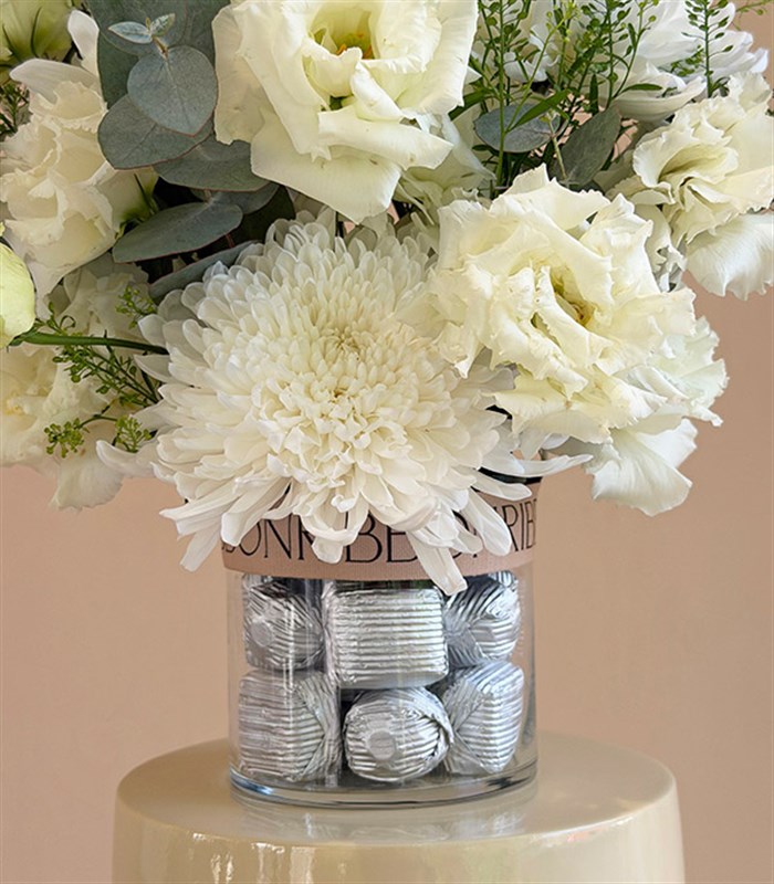 Fusion White Roses Anastasia Chocolate Vase Arrangement