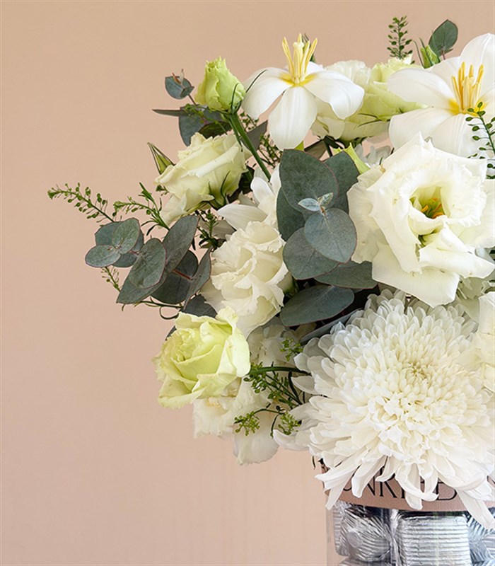 Fusion White Roses Anastasia Chocolate Vase Arrangement