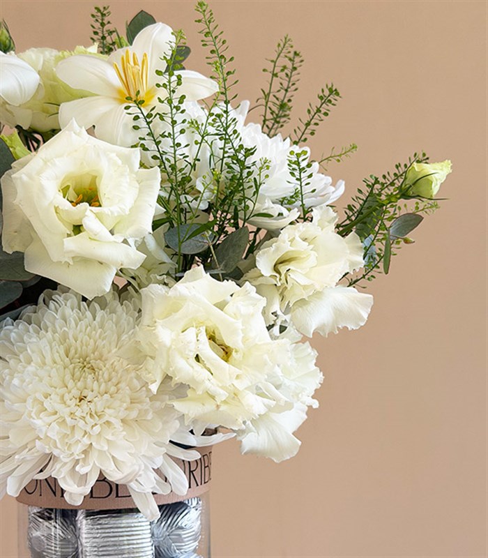 Fusion White Roses Anastasia Chocolate Vase Arrangement