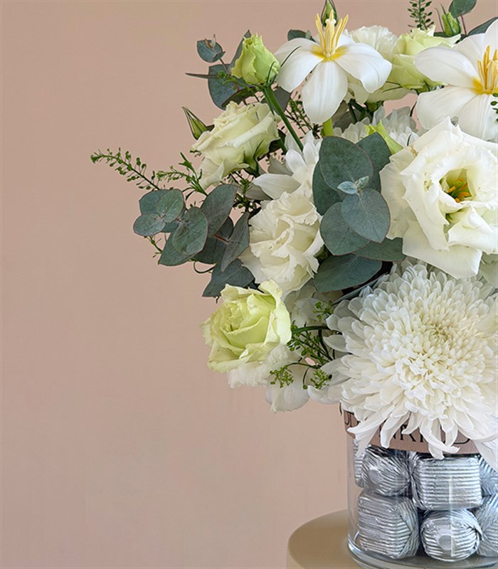 Fusion White Roses Anastasia Chocolate Vase Arrangement