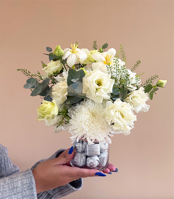 Fusion White Roses Anastasia Chocolate Vase Arrangement