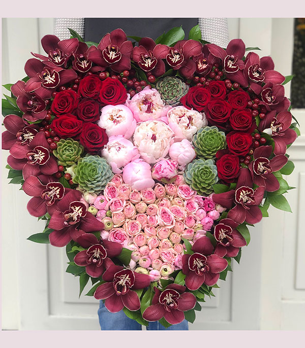 Love Garden Peony Orchid Roses Heart Arrangement