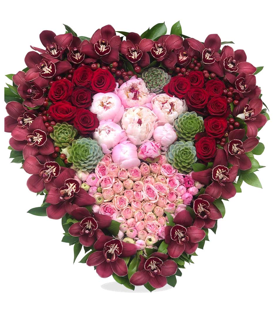Love Garden Peony Orchid Roses Heart Arrangement
