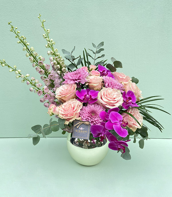 Fuchsia Pink Arrangement in Silver Ball Vase