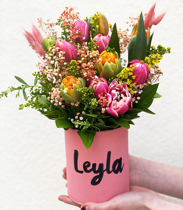Colorful Tulips in Personalized Vase