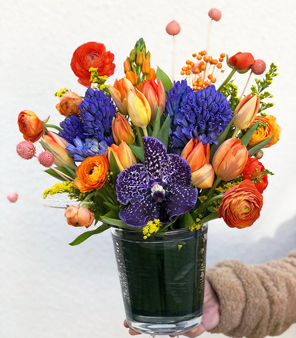 Orange Tulip Purple Hyacinth Vase Arrangement