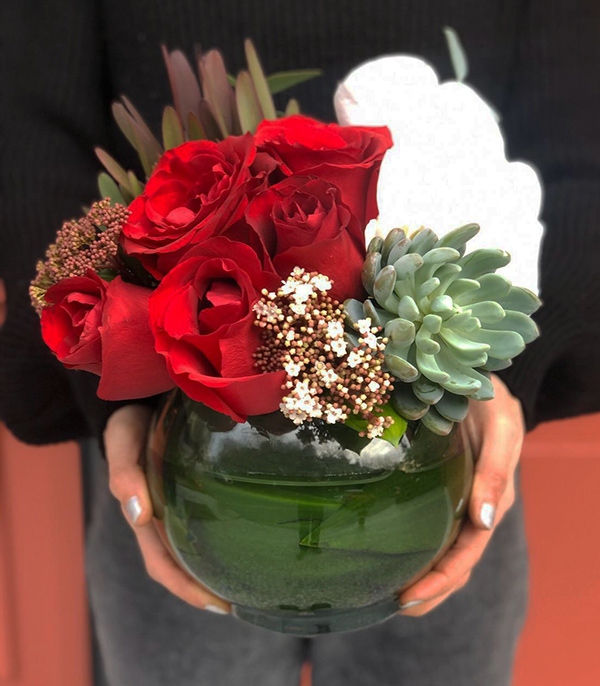 Red Roses Orchids in Glass Vase