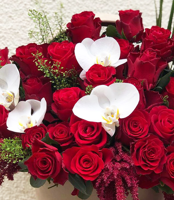 Red Roses Orchids in Cream Box