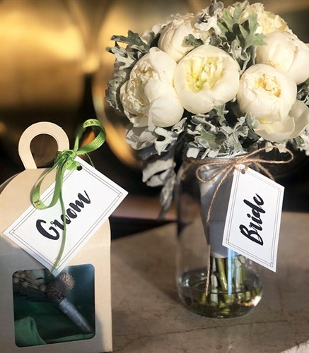 8 Beyaz Şakayık Gelin Buketi Damat Yaka Çiçeği Seti