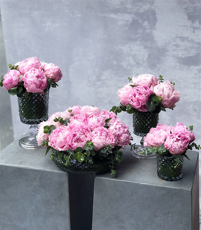 Pembe Şakayıklar 4Lü Kesme Vazo Masa Çiçeği Seti