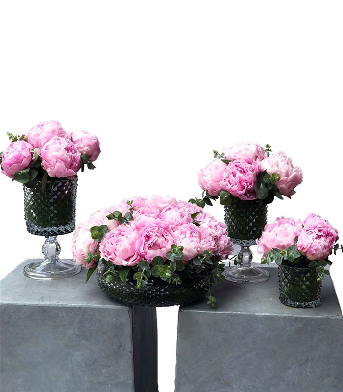 Pembe Şakayıklar 4Lü Kesme Vazo Masa Çiçeği Seti