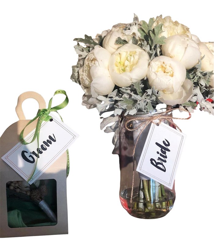 8 Beyaz Şakayık Gelin Buketi Damat Yaka Çiçeği Seti