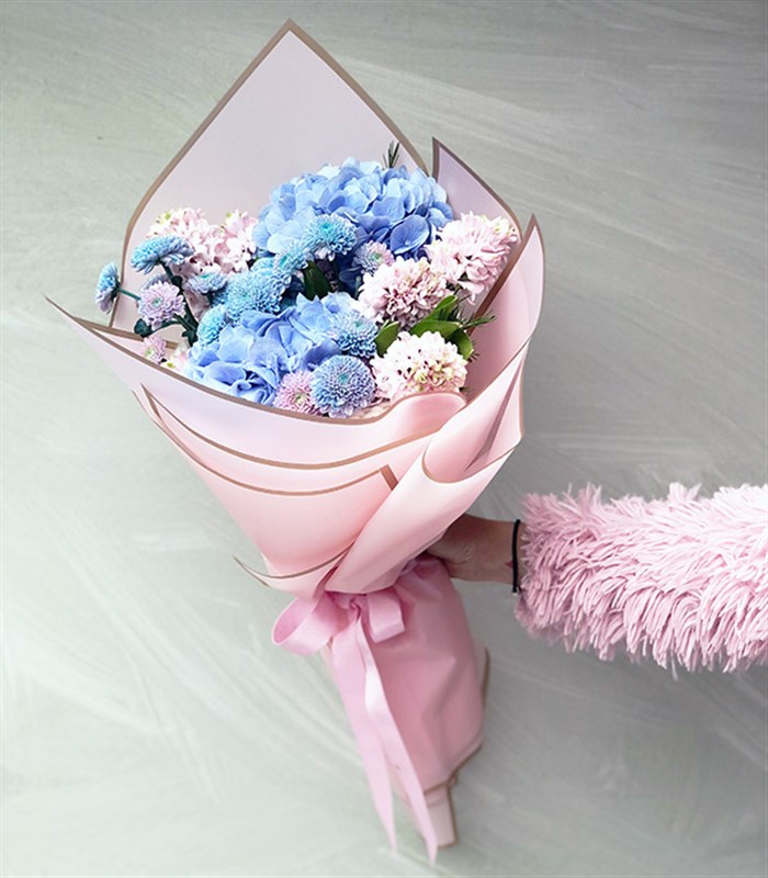 Pastel Masalı Mavi Ortanca Pembe Sümbül Buketi