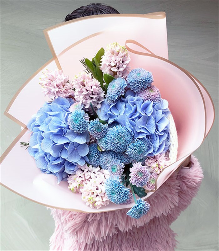 Pastel Masalı Mavi Ortanca Pembe Sümbül Buketi