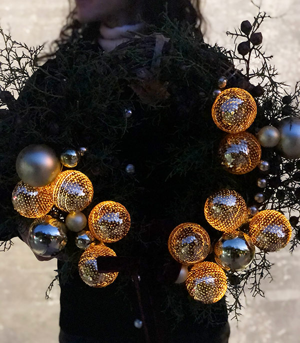 Lighted-up Gold Christmas Door Wreath