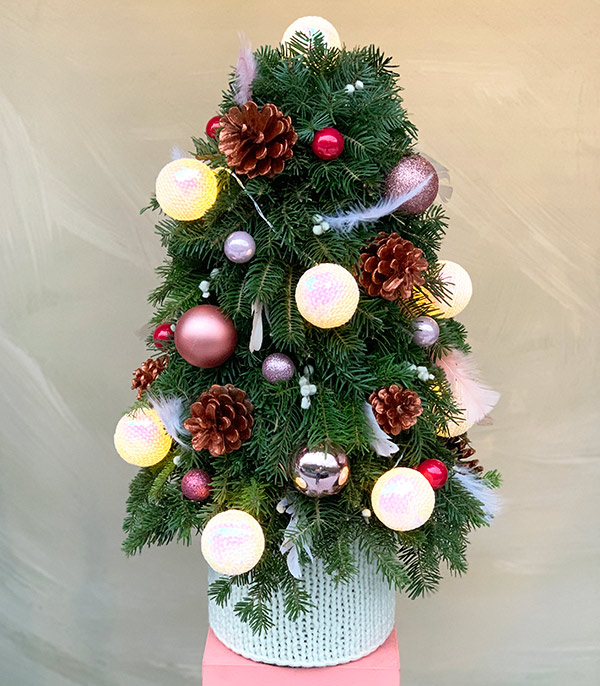 White Knit Ball Lighted Pastel Christmas Pine Tree