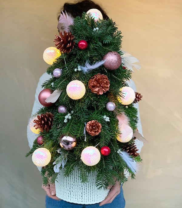 White Knit Ball Lighted Pastel Christmas Pine Tree