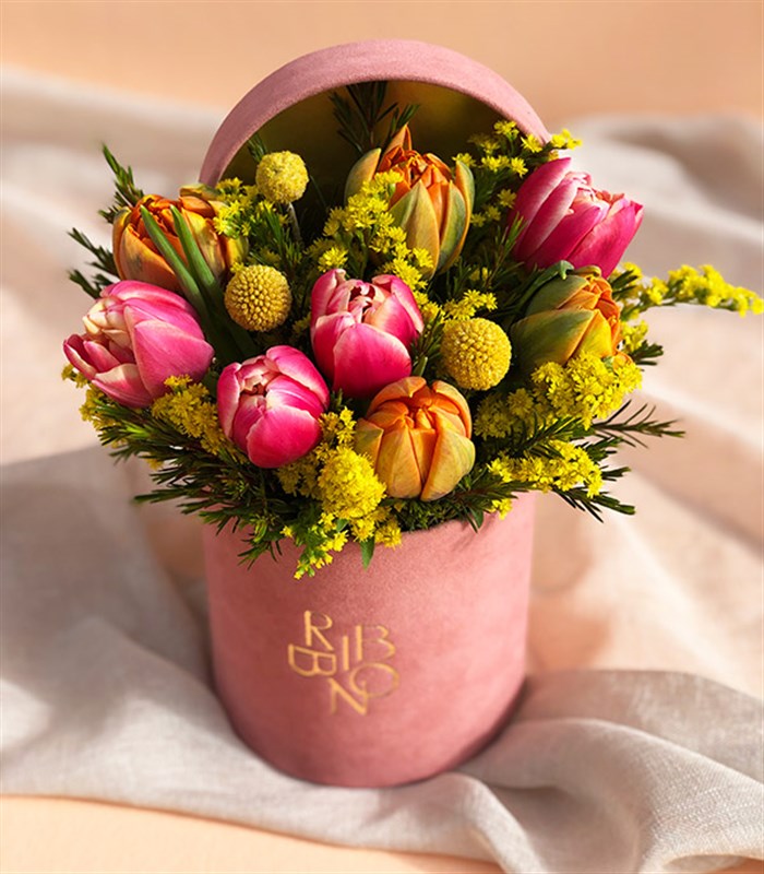 Lucia Rengarenk Pembe Turuncu Mini Kutu Laleler