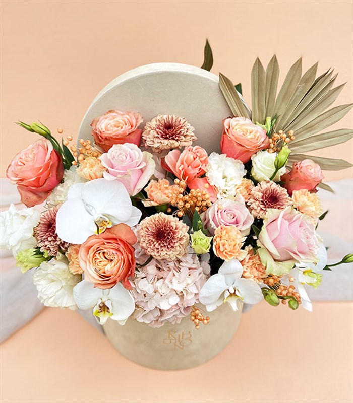 Lena Grand Pembe Ortanca Somon Gül Krem Kutu Çiçek