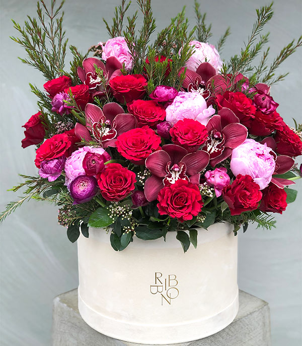 Red Roses Pink Peony in Grand Cream Box
