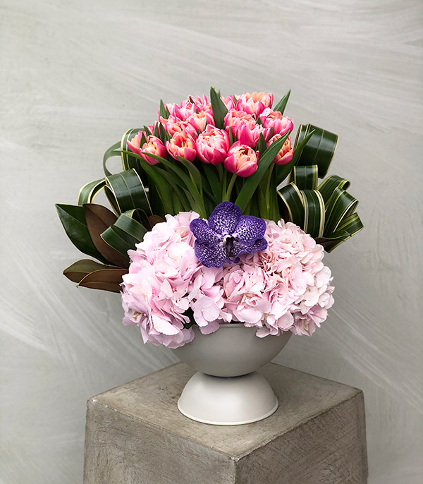 Hypatia Pink Hydrangea Tulip Arrangement