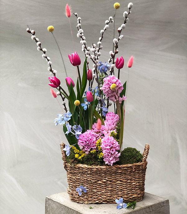 Amelia Earhart Pink Hyacinth Tulip Basket Arrangement