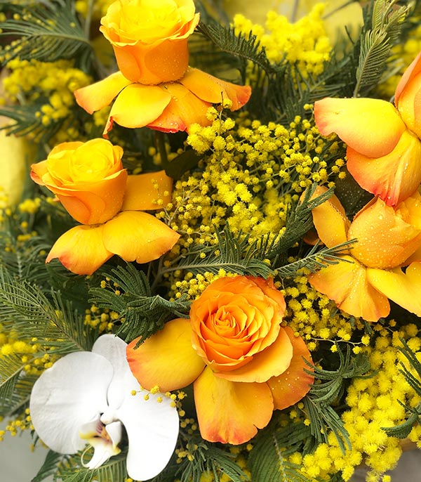 Angelina Jolie Orange Rose Mimosa Bouquet