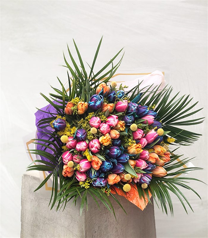 Rengarenk 60Lı Pembe Turuncu Lale Buketi Galaksi Laleli