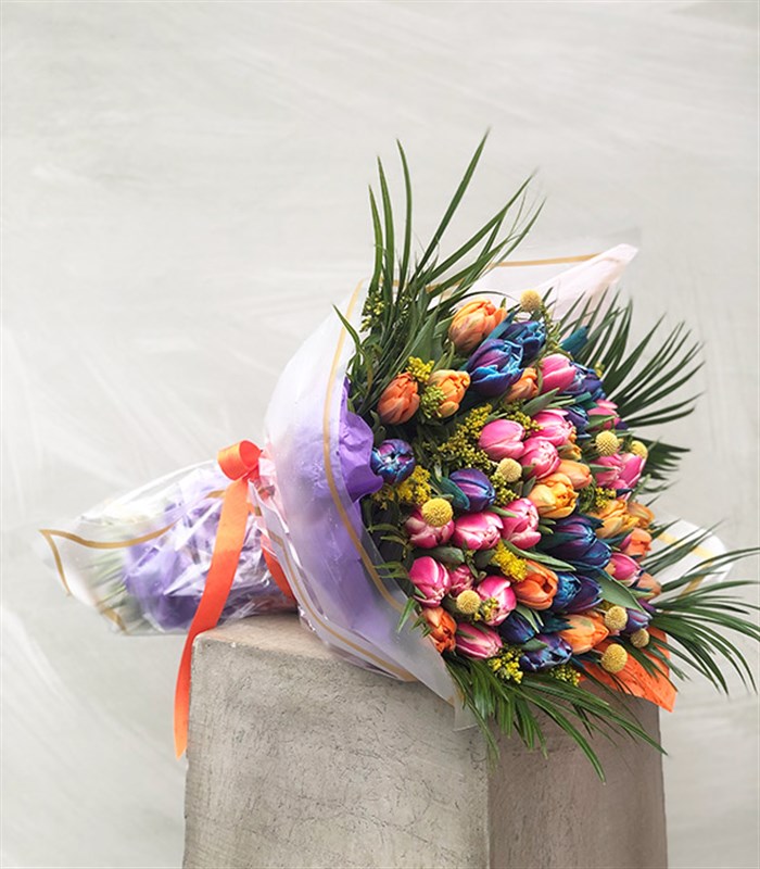 Rengarenk 60Lı Pembe Turuncu Lale Buketi Galaksi Laleli